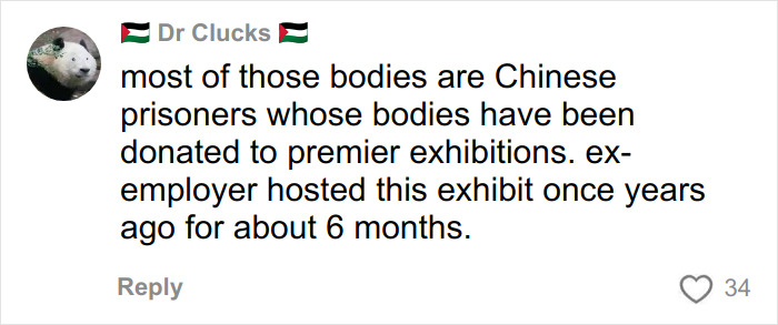 Comment discussing Chinese prisoners' bodies donated to exhibitions, related to son's skinned body in Las Vegas museum. Comment discussing Chinese prisoners' bodies donated to exhibitions, related to son's skinned body in Las Vegas museum.
