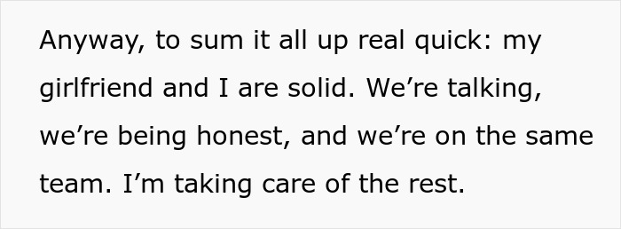 Text message emphasizing a man’s solid relationship with his girlfriend after cutting ties with his mother.