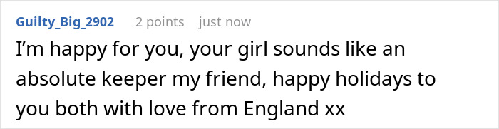 Comment on Reddit expressing happiness for a friend and his girlfriend, sending holiday wishes from England.