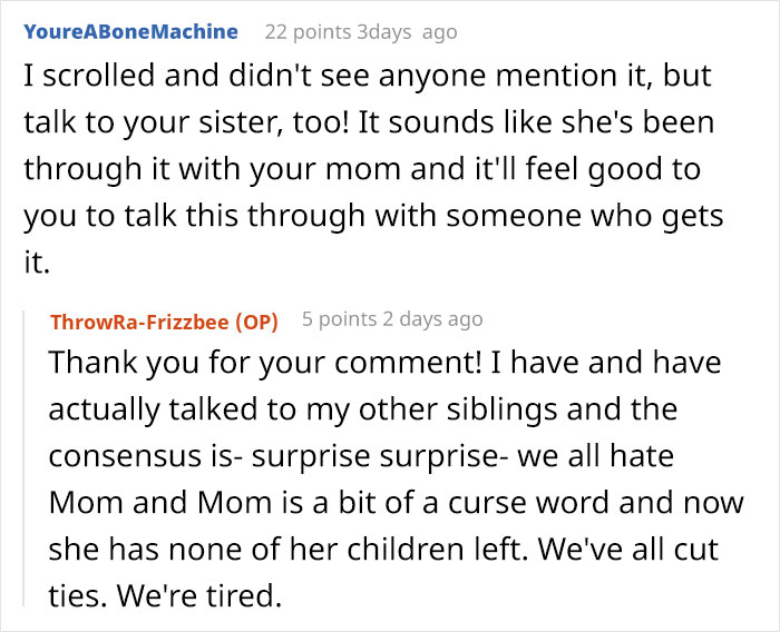 Screenshot of a Reddit conversation about a man cutting ties with his mother after she revealed her true colors in texts to his girlfriend.