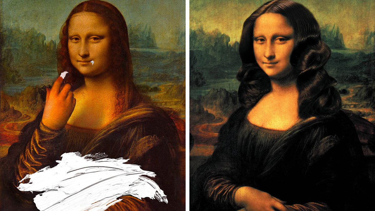 Two creative ad versions of the Mona Lisa painting, showing unique changes to her hair and hands in clever campaigns.