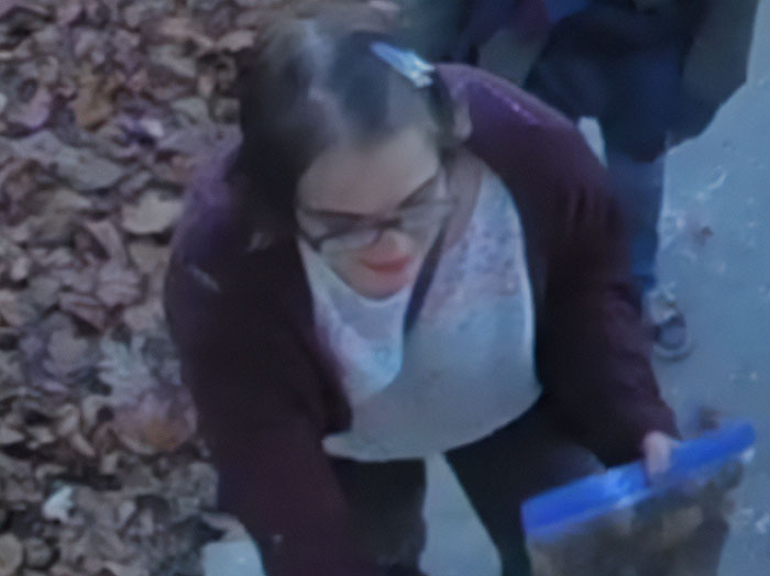 Woman with glasses wearing a purple sweater, holding a blue-lidded container near fallen leaves in a blurred outdoor scene related to Slender Man attacker. Woman with glasses wearing a purple sweater, holding a blue-lidded container near fallen leaves in a blurred outdoor scene related to Slender Man attacker.
