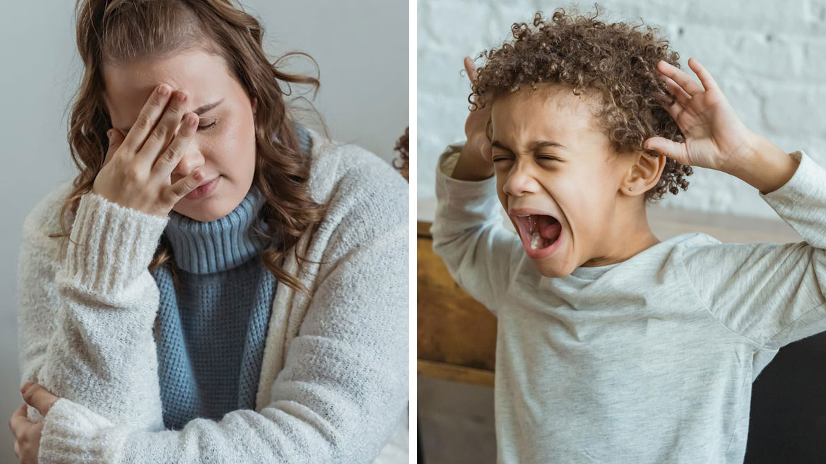 Stressed mom holding her head while her child yells and acts out, showing challenging kid behavior and parenting struggles.