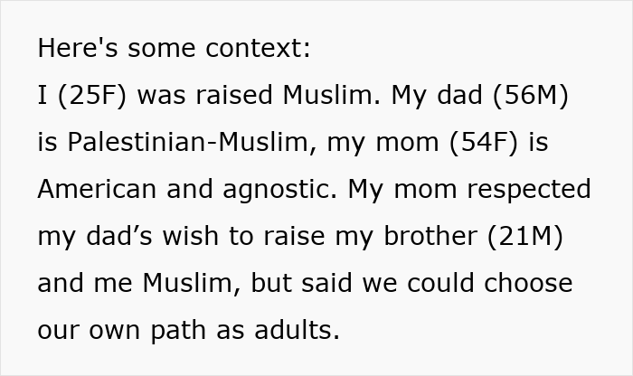 Text excerpt explaining a woman’s Muslim upbringing and family background in context of Thanksgiving SIL thoughts.
