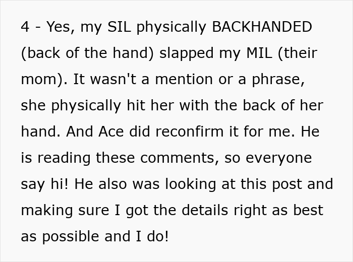 Text describing a woman’s sister-in-law physically backhanding their mother-in-law as part of Thanksgiving conflict.