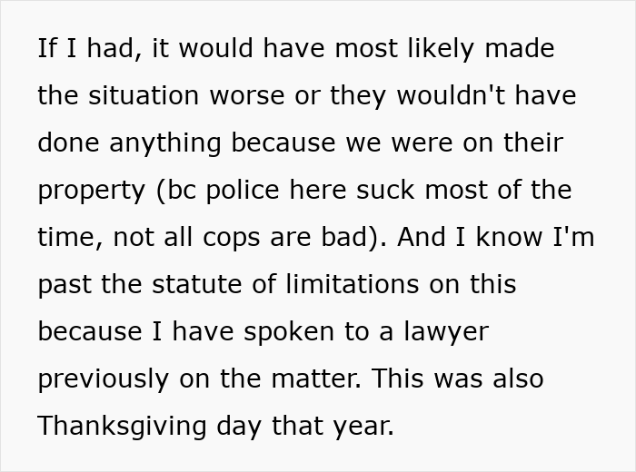 Text excerpt showing a woman reflecting on a past Thanksgiving and what her SIL thinks about her during the holiday.