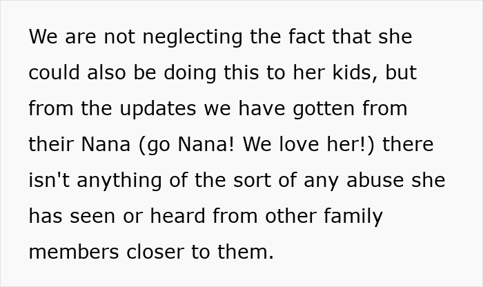 Text excerpt discussing family concerns and updates from Nana about potential a***e, reflecting feelings linked to Thanksgiving SIL drama.