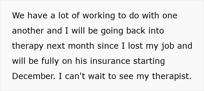 Text excerpt about therapy and job loss, reflecting emotions related to what SIL thinks on Thanksgiving.