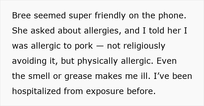 Text describing a woman’s allergy to pork and her experience with illness, related to Thanksgiving family tensions.