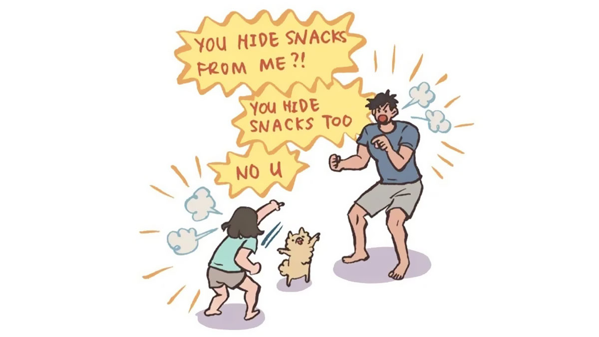 Malaysian artist comic showing a couple playfully accusing each other of hiding snacks with their small dog between them.