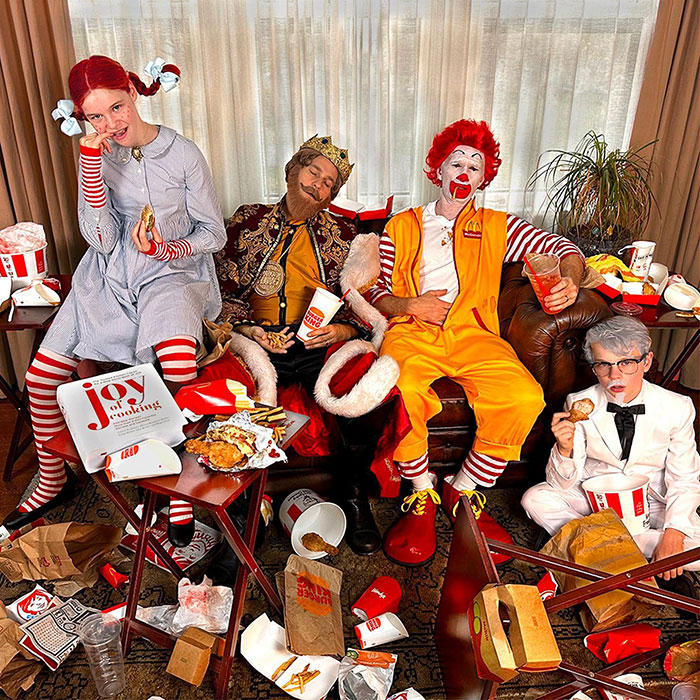 Neil Patrick Harris and family dressed in fast food themed Halloween costumes surrounded by scattered takeout containers. Neil Patrick Harris and family dressed in fast food themed Halloween costumes surrounded by scattered takeout containers.