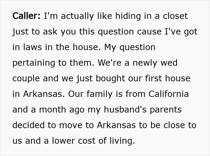 Caller hiding in a closet to make a desperate call to a radio show about newlywed family issues. Caller hiding in a closet to make a desperate call to a radio show about newlywed family issues.