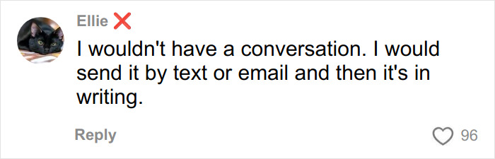 Comment from user Ellie expressing preference to send important messages by text or email for written proof.