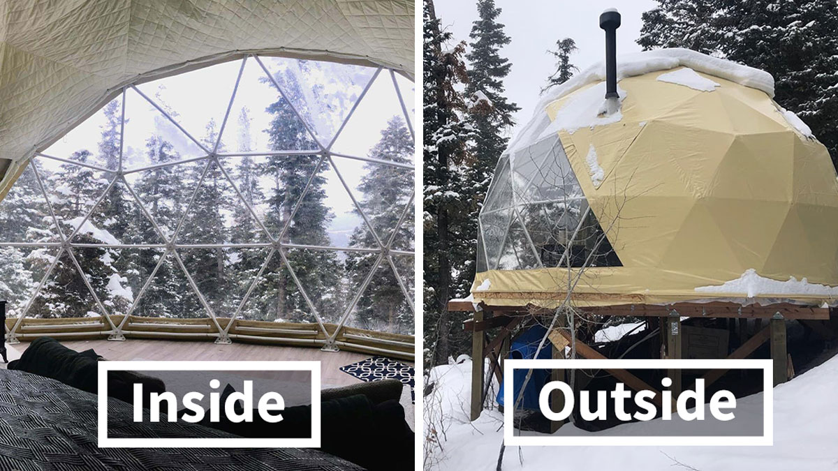Dome cabin interior and exterior in snowy forest setting showcasing off-grid living lifestyle and alternative homes.