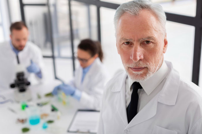 Serious senior man in lab coat with colleagues working in the background, representing boss who insists on strict by the book rules. Serious senior man in lab coat with colleagues working in the background, representing boss who insists on strict by the book rules.