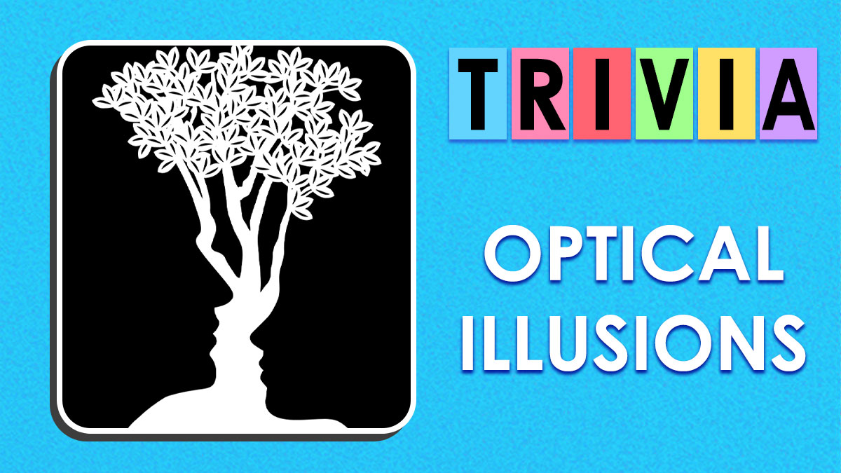 Black and white optical illusion of tree and faces with colorful trivia letters and text optical illusions on blue background