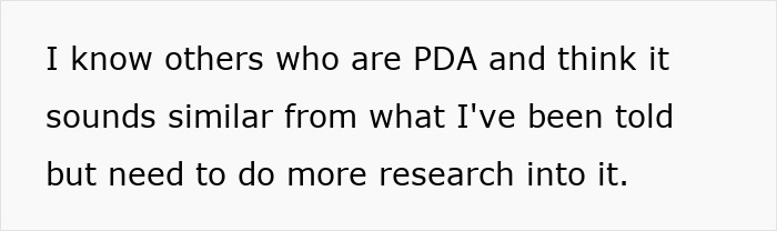 Text on white background discussing PDA and need for more research, reflecting challenges with 3YO daily screaming and meltdowns.