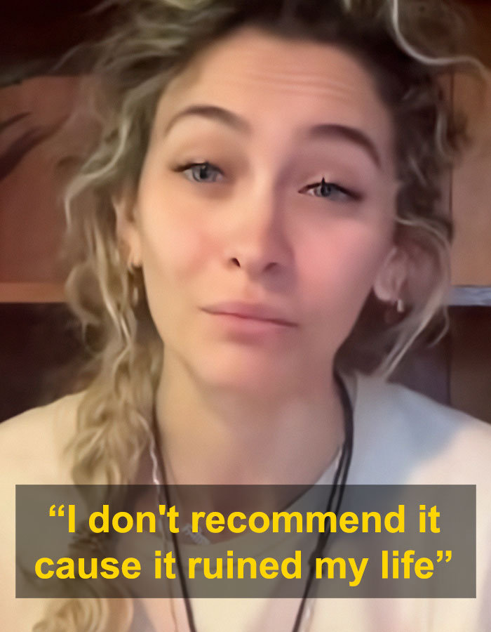 Paris Jackson speaking about how substance use deformed her face and affected her life in a close-up portrait. Paris Jackson speaking about how substance use deformed her face and affected her life in a close-up portrait.