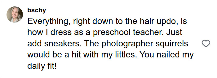 Comment praising a preschool teacher’s outfit and hairstyle, mentioning sneakers and photographer squirrels.