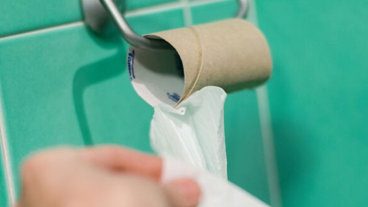 Empty toilet paper roll on a holder with a hand reaching for a tissue, illustrating coincidences in everyday life.