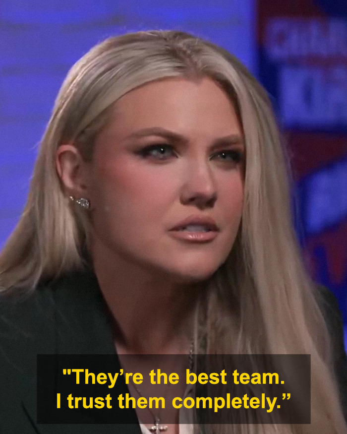 Erika Kirk in a Fox interview, appearing serious while discussing theories about the real culprit still being free.