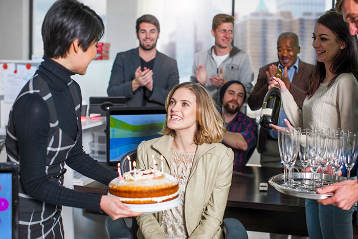 Coworkers celebrating a birthday in the office while the organizer faces Venmo ghosting and no birthday contributions. Coworkers celebrating a birthday in the office while the organizer faces Venmo ghosting and no birthday contributions.