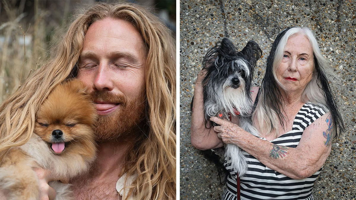 Man and woman each holding a dog, showing pets and their humans looking shockingly alike in portraits.