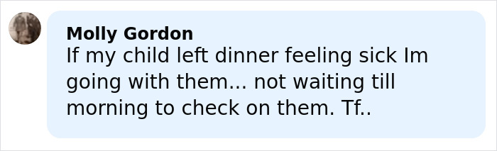 Comment from Molly Gordon expressing concern about a child feeling sick after dinner, highlighting parental vigilance. Comment from Molly Gordon expressing concern about a child feeling sick after dinner, highlighting parental vigilance.