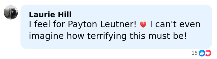 Text message screenshot with a comment expressing sympathy for Payton Leutner about a terrifying incident. Text message screenshot with a comment expressing sympathy for Payton Leutner about a terrifying incident.