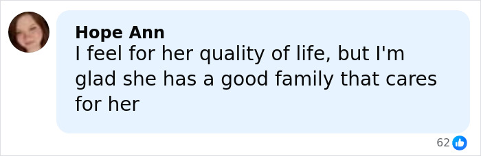Comment from Hope Ann expressing sympathy for woman born without most of her brain and praising her supportive family. Comment from Hope Ann expressing sympathy for woman born without most of her brain and praising her supportive family.