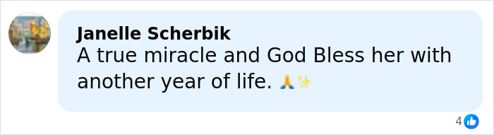Comment praising a woman born without most of her brain, calling her a true miracle and wishing her blessings. Comment praising a woman born without most of her brain, calling her a true miracle and wishing her blessings.