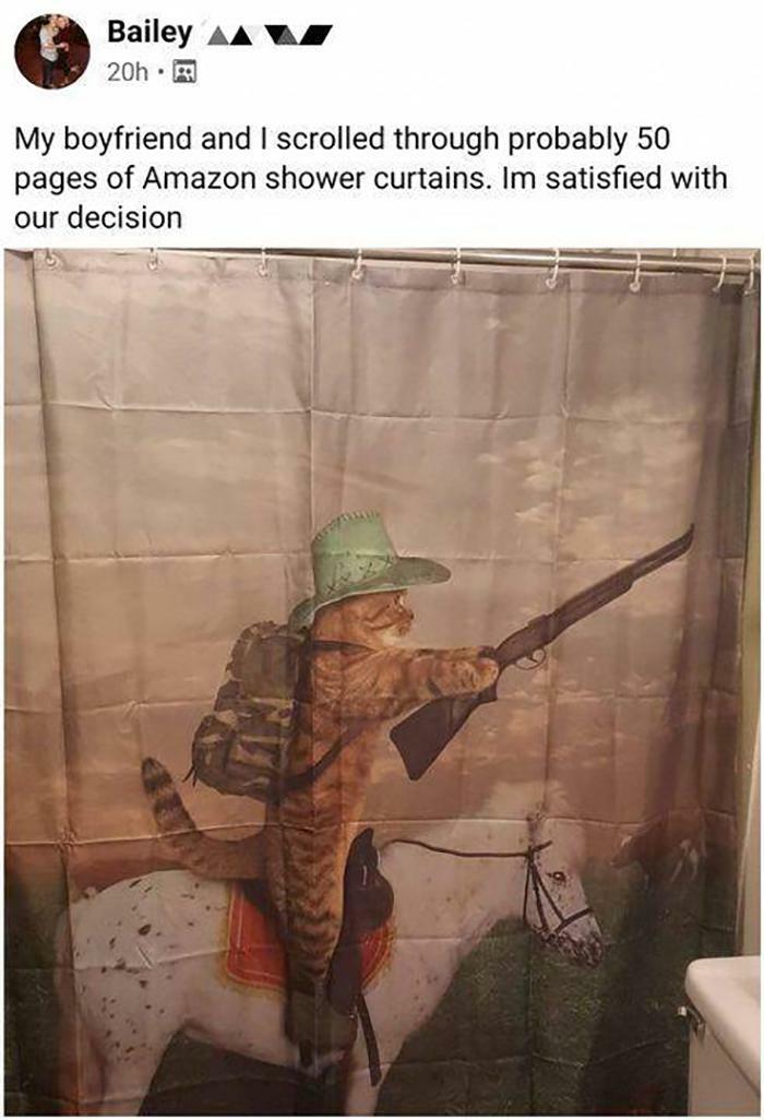 Cat meme shower curtain featuring a cat in a cowboy hat riding a horse and holding a rifle, perfect for cat meme fans.