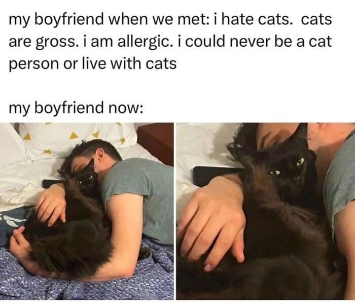 Couple cuddling a black cat, illustrating a change from disliking cats to enjoying their company, cat memes humor.
