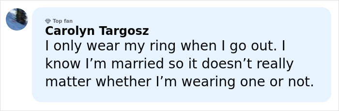 Comment from Carolyn Targosz addressing ringless photo rumors related to JD Kirk and Usha Vance marriage status online.