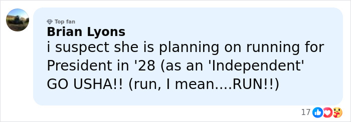 Comment by Brian Lyons suspecting Usha Vance's plans amid JD Kirk split rumors and ringless photo controversy.