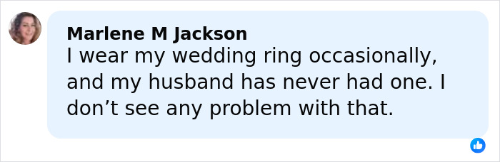 Screenshot of Marlene M Jackson commenting on wearing a wedding ring and addressing marriage rumors about JD Kirk and Usha Vance. Screenshot of Marlene M Jackson commenting on wearing a wedding ring and addressing marriage rumors about JD Kirk and Usha Vance.
