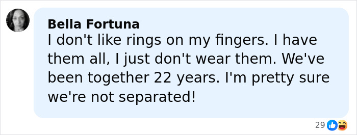 Comment from Usha Vance denying separation, discussing not wearing rings despite 22 years together amid split rumors for JD Kirk.