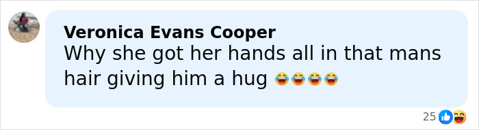 Comment by Veronica Evans Cooper questioning why a woman hugs a man while touching his hair, with laughing emojis. Comment by Veronica Evans Cooper questioning why a woman hugs a man while touching his hair, with laughing emojis.
