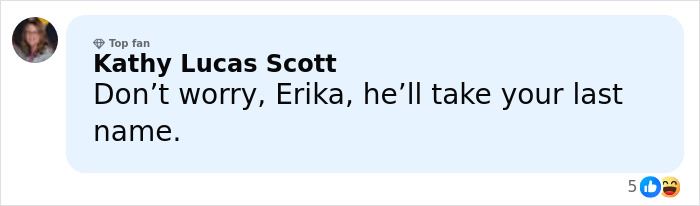 Social media comment from Kathy Lucas Scott, labeled Top Fan, responding to Erika about last name concerns.