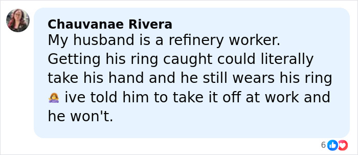 Comment from Chauvanae Rivera about her husband wearing a ring at work amid JD Kirk split rumors discussion.