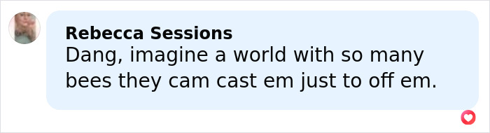 Comment from Rebecca Sessions about imagining a world with many bees cast to be offed, shown in a social media post. Comment from Rebecca Sessions about imagining a world with many bees cast to be offed, shown in a social media post.