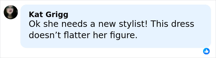 A social media comment criticizing a dress for not flattering the figure, related to lingerie with a train.