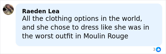 Comment box with user Raeden Lea criticizing a lingerie with a train outfit worn on a red carpet, comparing it to Moulin Rouge.