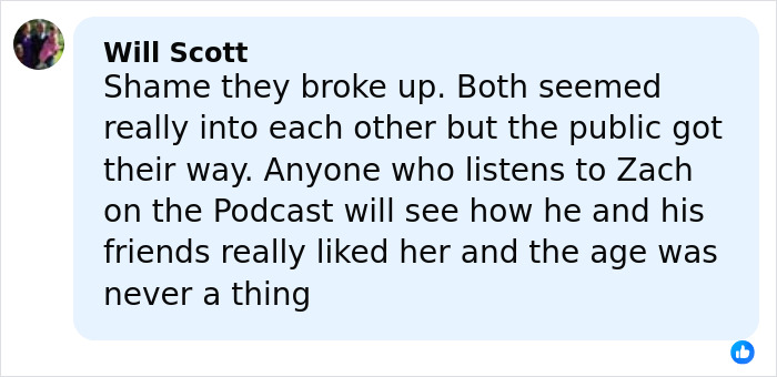 Facebook comment by Will Scott discussing Florence Pugh and Zach Braff's breakup and age gap in a light blue text box. Facebook comment by Will Scott discussing Florence Pugh and Zach Braff's breakup and age gap in a light blue text box.
