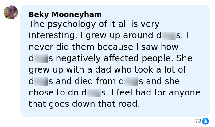 Comment by Beky Mooneyham in a social media post discussing substance use and its impact on people's lives and faces. Comment by Beky Mooneyham in a social media post discussing substance use and its impact on people's lives and faces.
