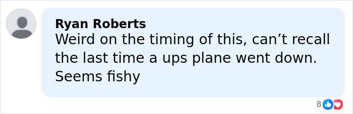 Comment by Ryan Roberts expressing suspicion about timing and rarity of UPS plane crash incidents. Comment by Ryan Roberts expressing suspicion about timing and rarity of UPS plane crash incidents.