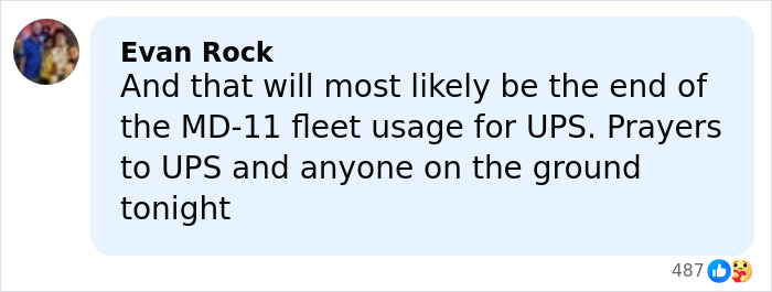 Comment expressing concern and prayers for UPS and those affected by the UPS plane crash incident. Comment expressing concern and prayers for UPS and those affected by the UPS plane crash incident.