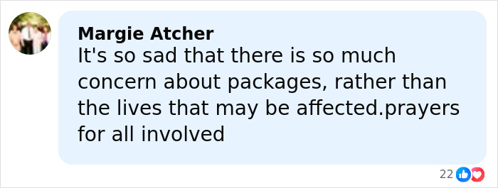 Comment from Margie Atcher expressing sadness over concern for packages instead of lives affected in UPS plane crash causing multiple casualties. Comment from Margie Atcher expressing sadness over concern for packages instead of lives affected in UPS plane crash causing multiple casualties.