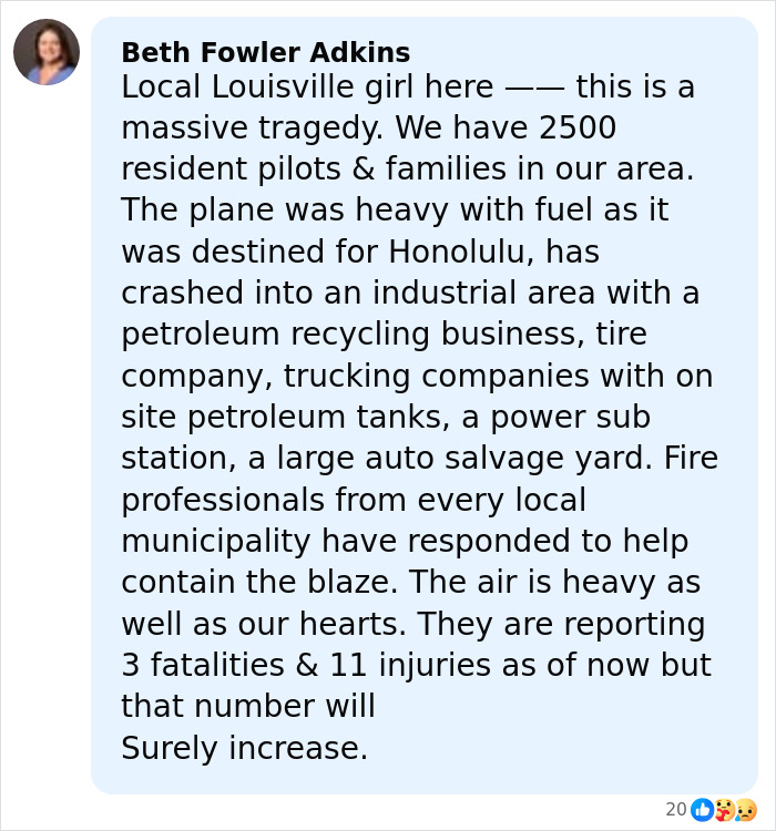 Comment detailing the harrowing UPS plane crash in an industrial area, mentioning multiple casualties and emergency response. Comment detailing the harrowing UPS plane crash in an industrial area, mentioning multiple casualties and emergency response.