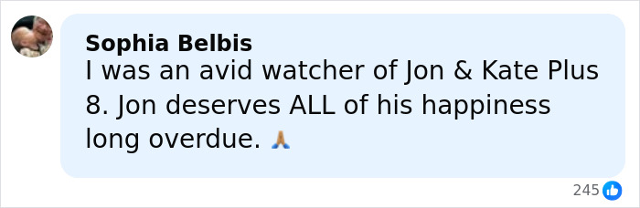 Comment from a fan expressing support for Jon Gosselin's happiness after remarrying 16 years later. Comment from a fan expressing support for Jon Gosselin's happiness after remarrying 16 years later.